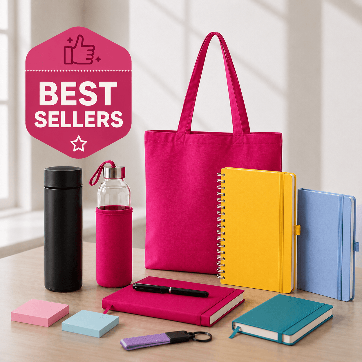 A Best Sellers badge beside an assortment of popular promotional products: a thermos, water bottle, tote bag, notebooks with pen, sticky notes, and a USB drive keychain.