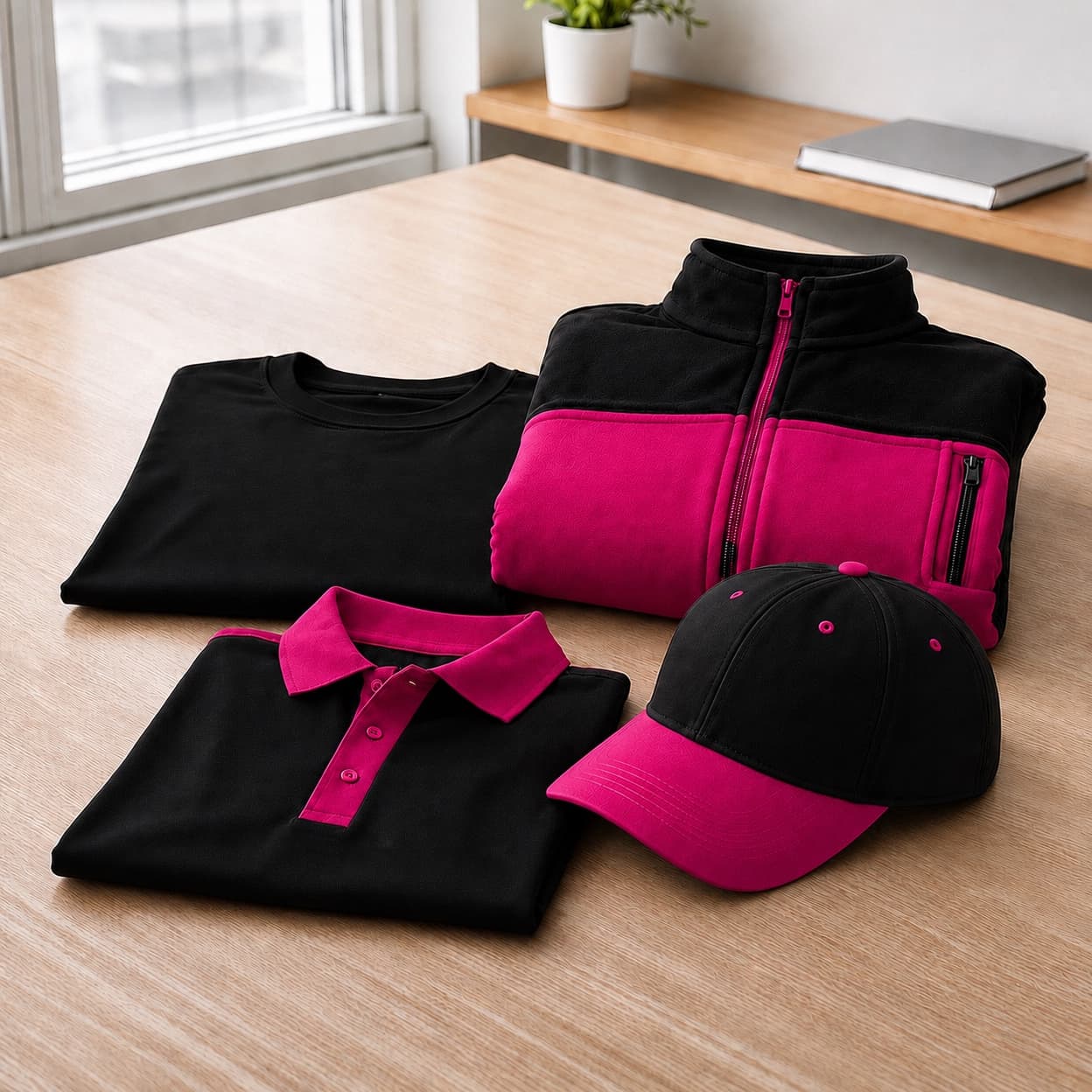 Folded t-shirts, a fleece jacket, a polo shirt, and a branded cap.