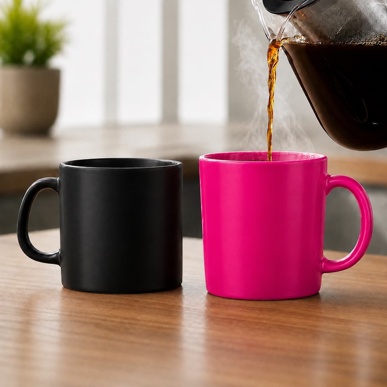 A set of ceramic mugs in black and pink.