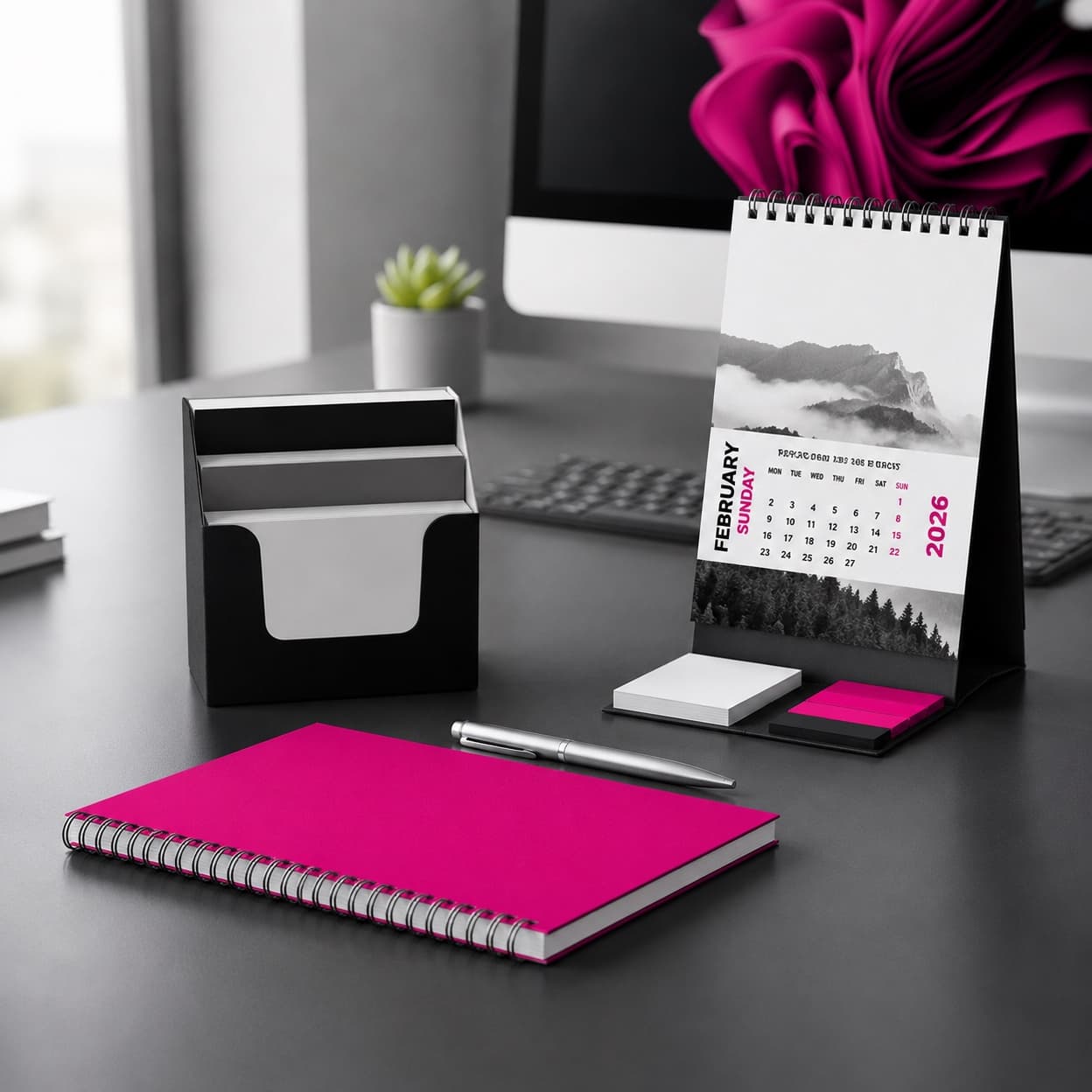 A notebook, pen, business card holder, desk calendar, and sticky notes.