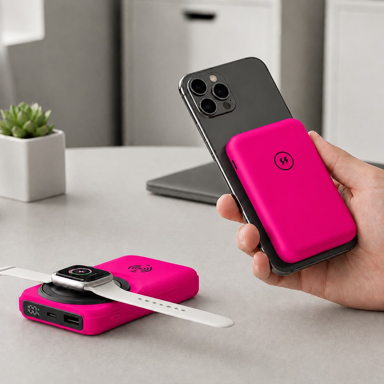 A MagSafe power bank attached to a smartphone.