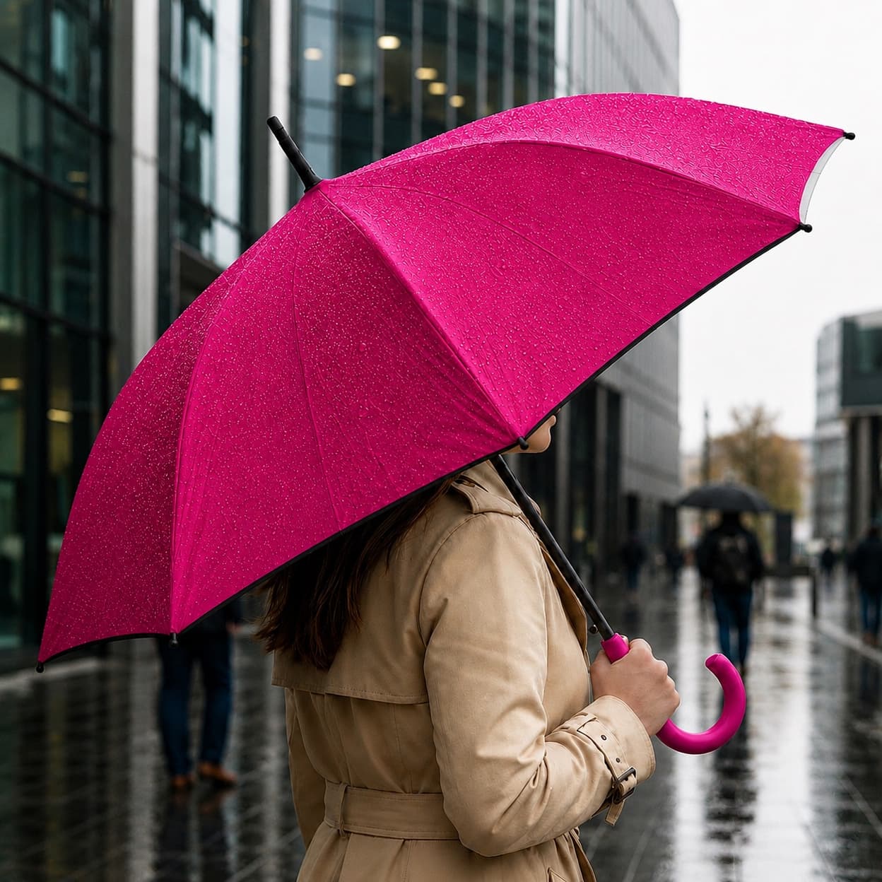 A woman holding an open pink umbrella in the rain.