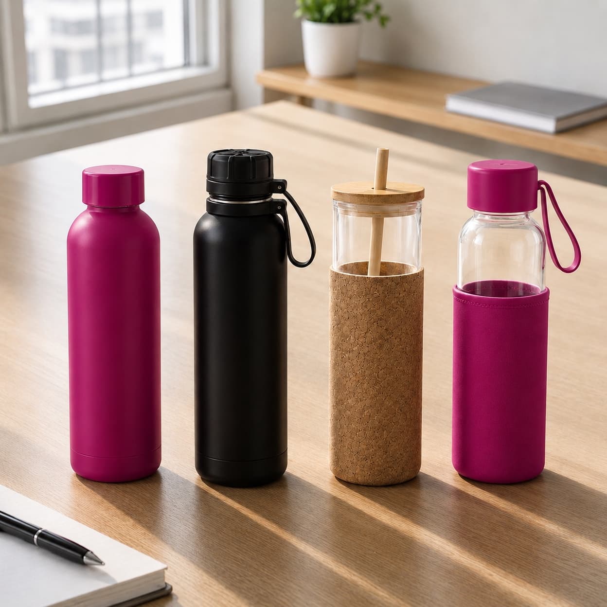 A row of steel, glass, and cork-sleeved water bottles.