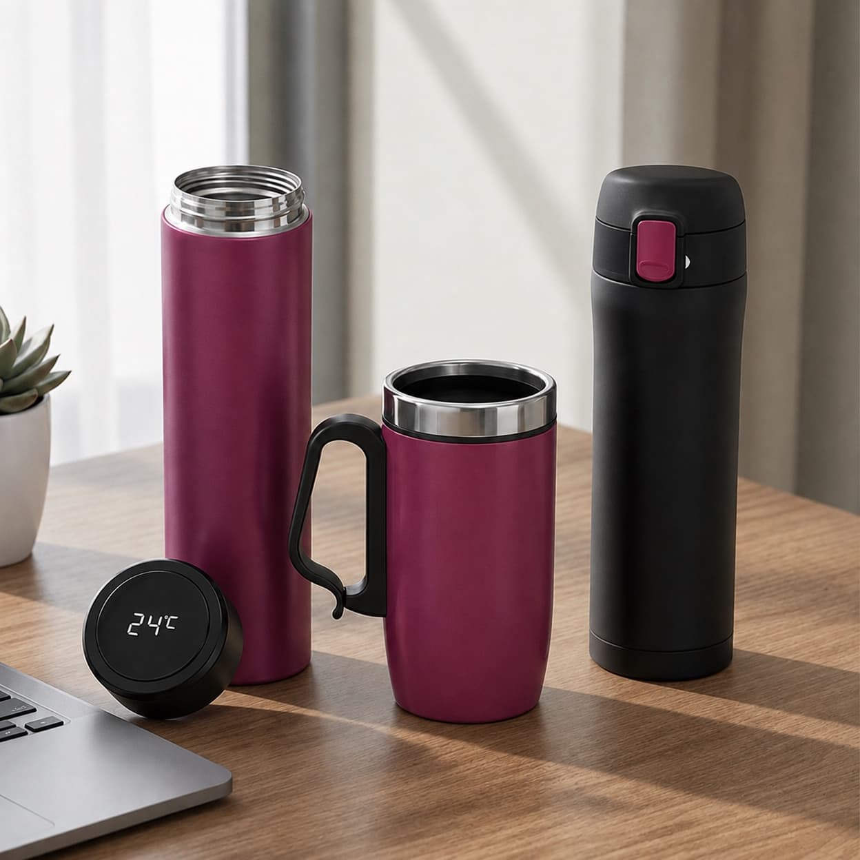An assortment of thermoses and insulated tumblers.