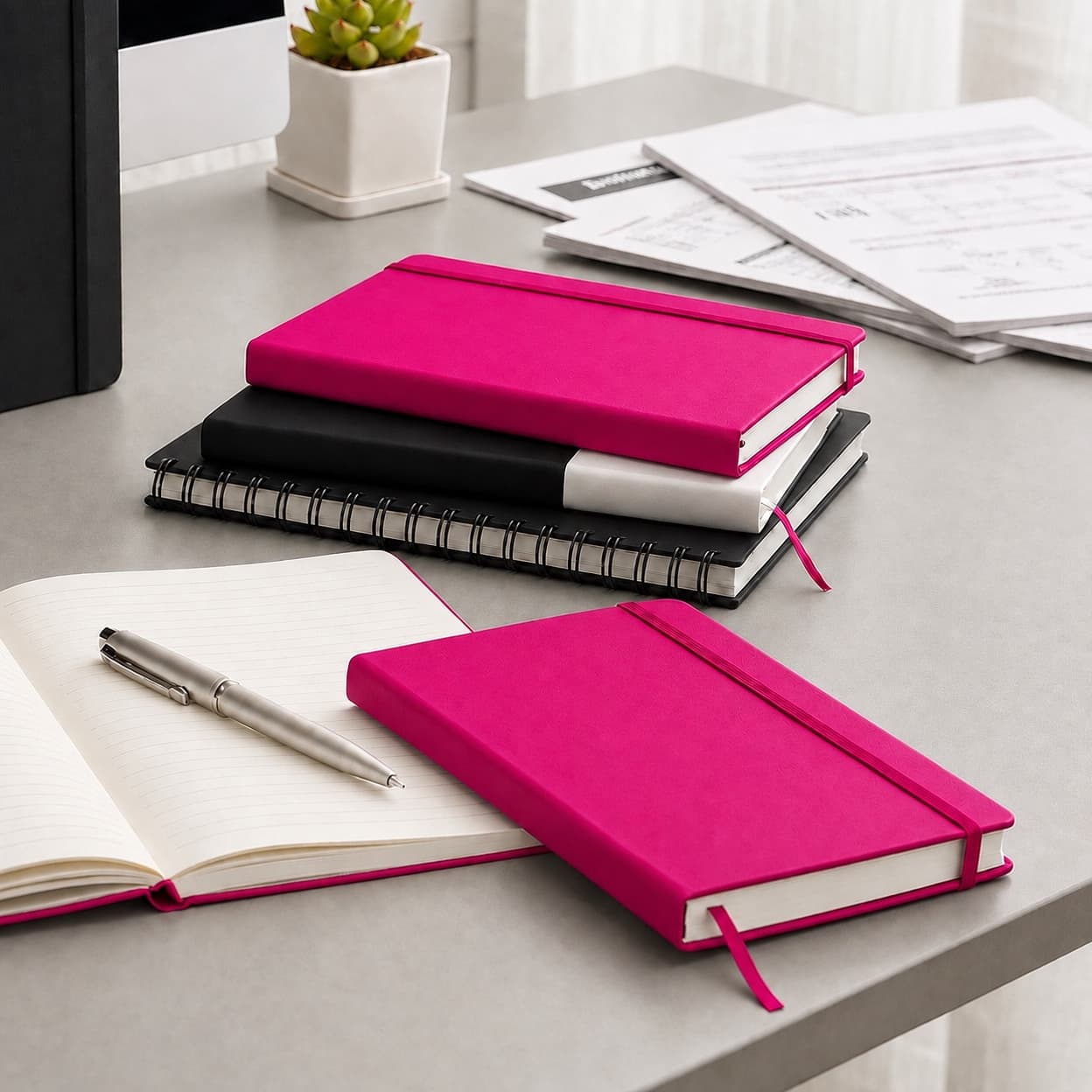 A stack of hardcover and spiral notebooks with a pen.