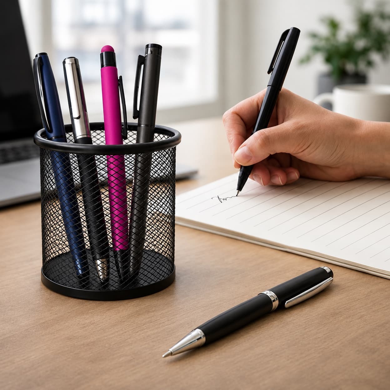 A pen cup filled with branded pens beside a hand writing in a notebook.