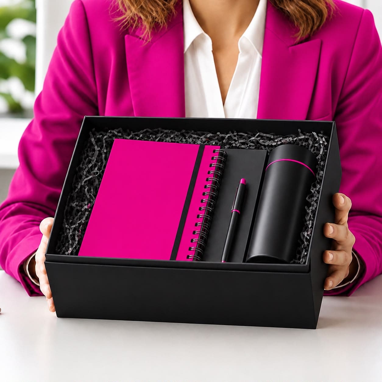 An open black gift box held out, containing a pink notebook, spiral notepad, pen, and thermos.