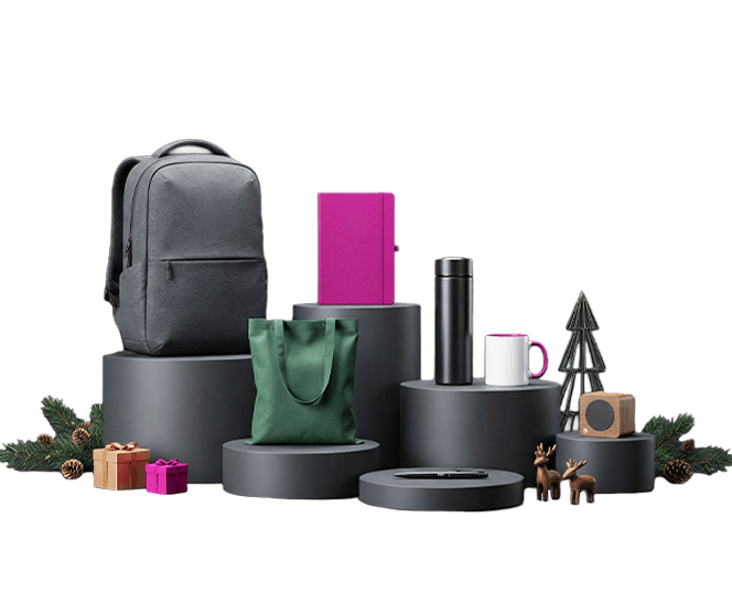 Selection of promotional products including headphones, water bottle, and notebook